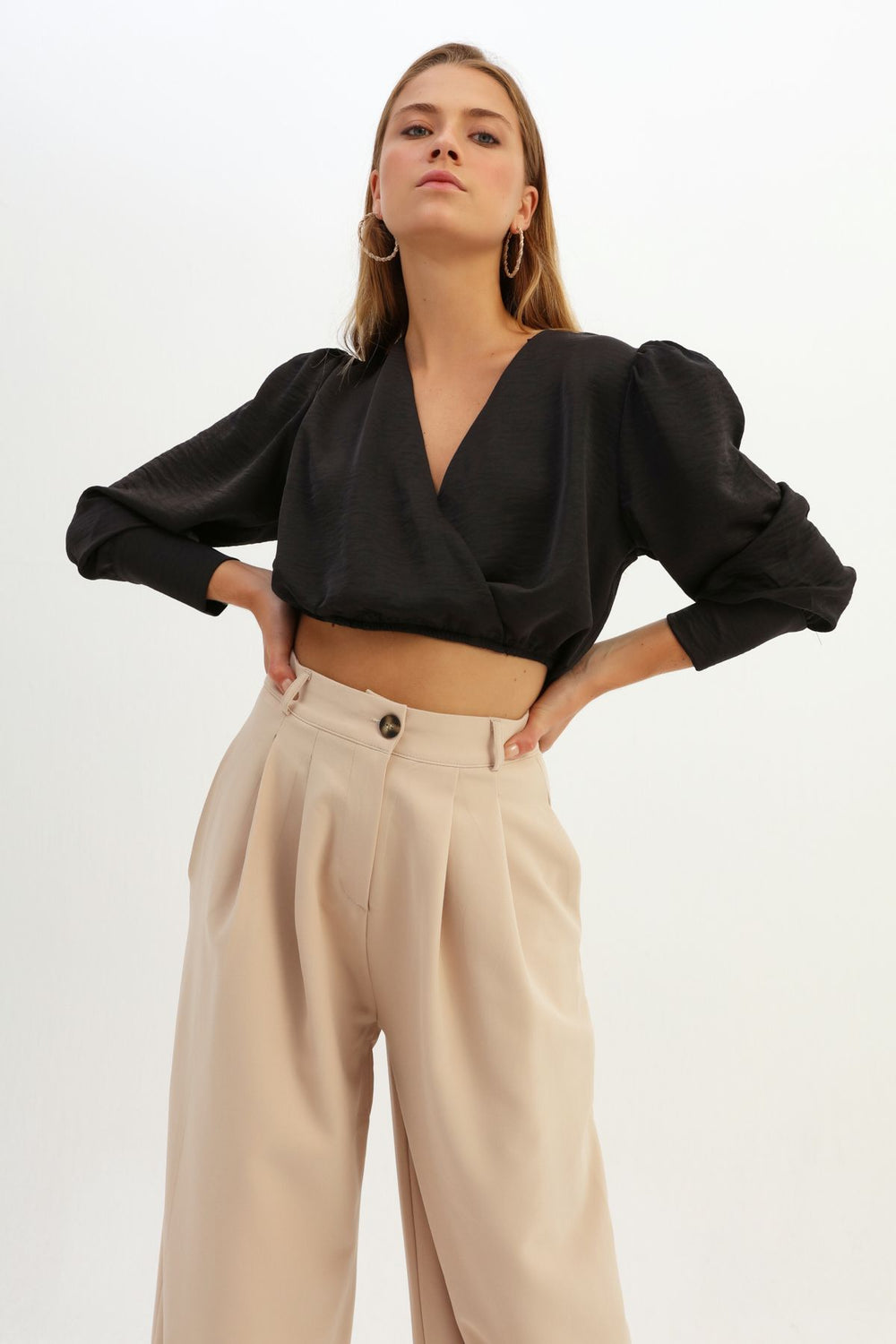Waistband Double Breasted Crop Blouse Black