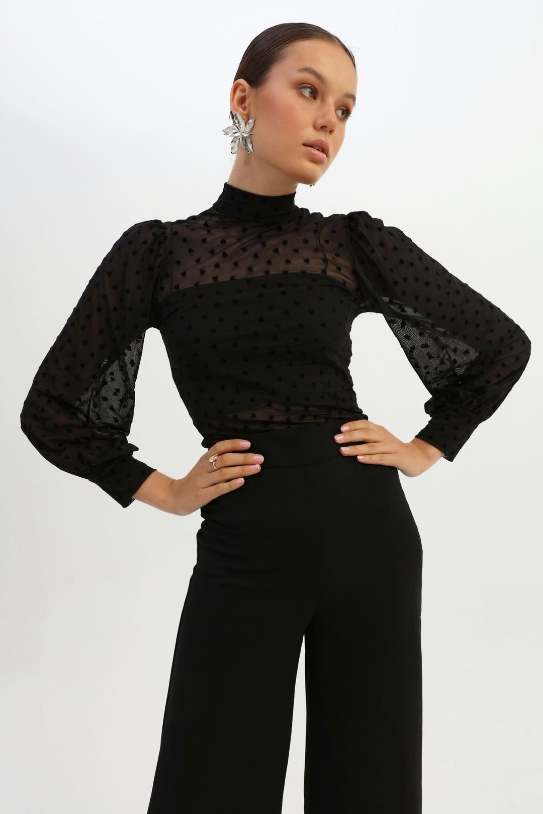 Balloon Sleeve Tulle Blouse Black
