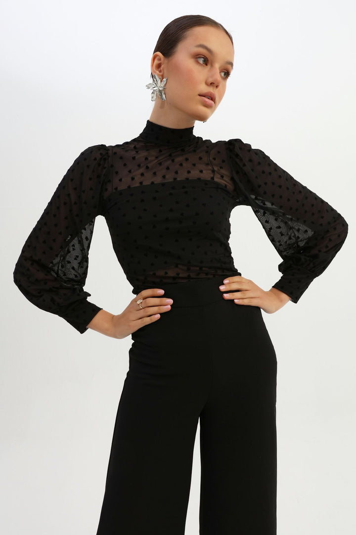 Balloon Sleeve Tulle Blouse Black