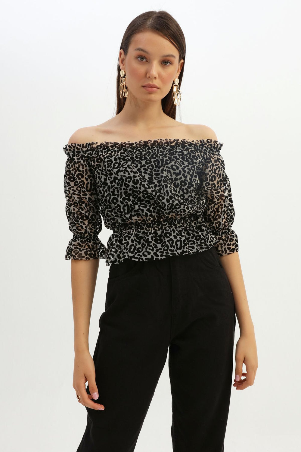 Patterned Off Shoulder Tulle Blouse Black