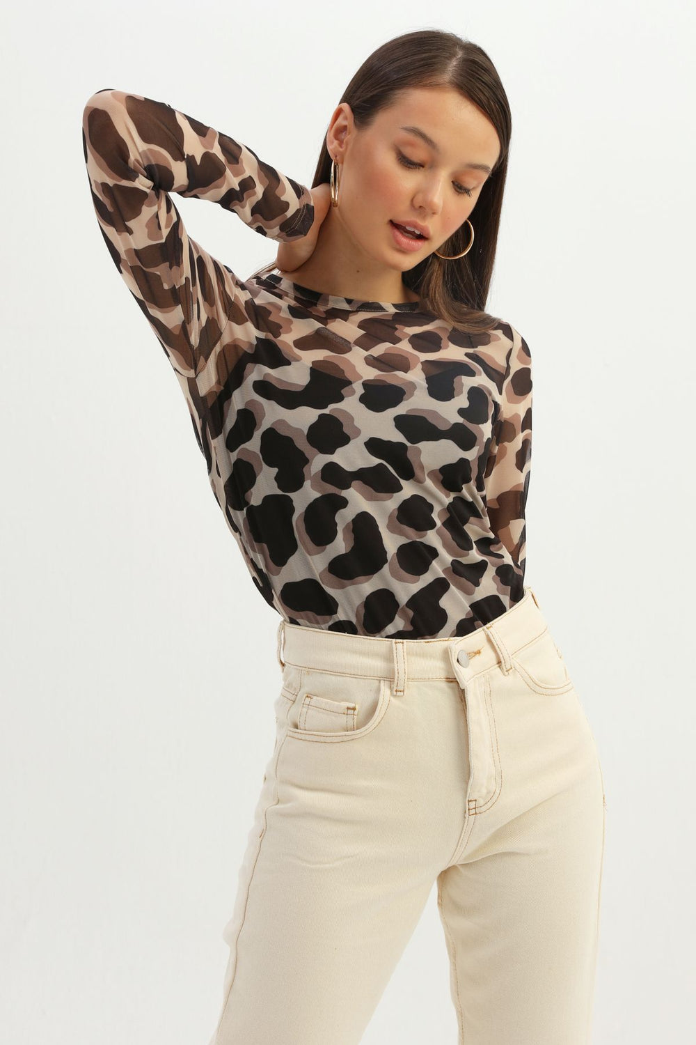 Leopard Patterned Tulle Blouse Brown