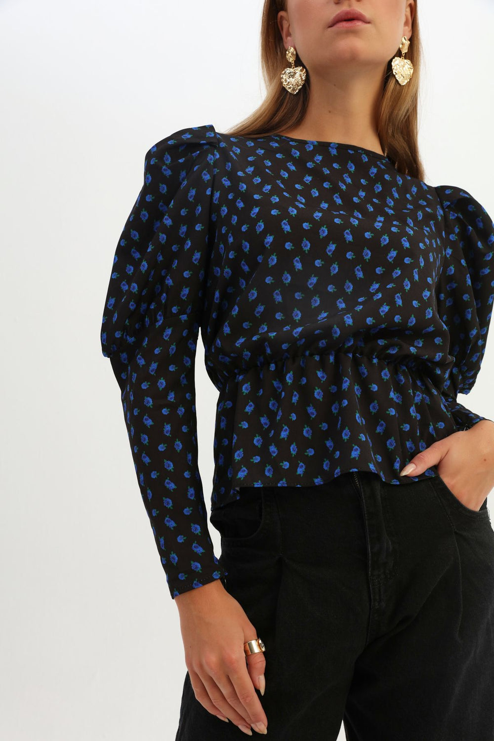 Patterned Pleated Waist Blouse Sax