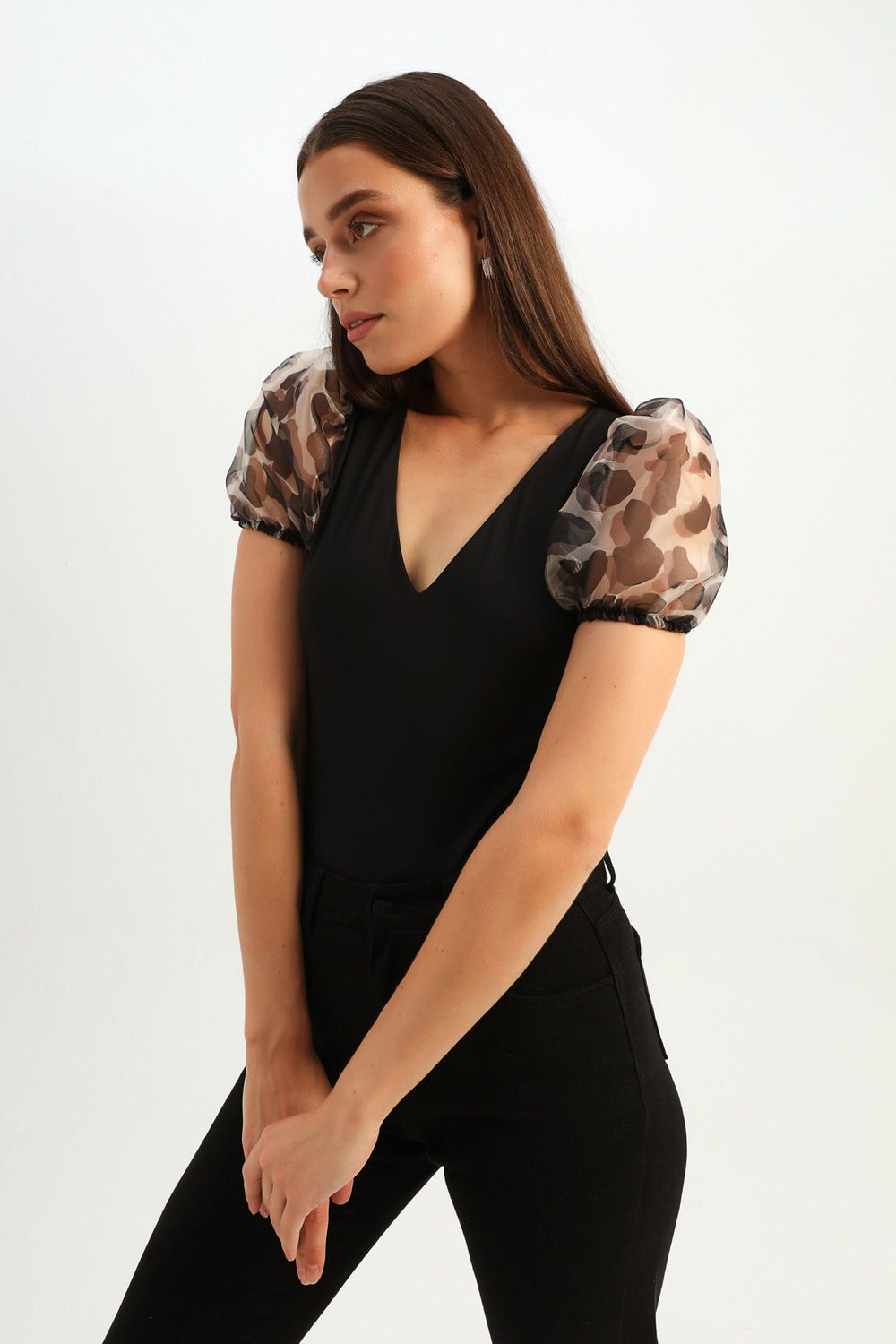 Balloon Sleeve V Neck Bodysuit Black