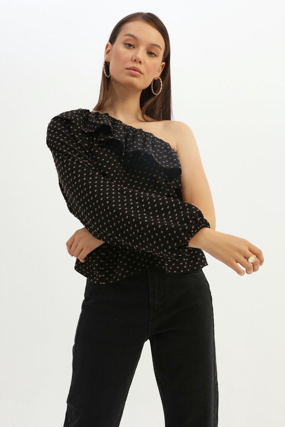 Ruffled Gippie One Shoulder Blouse Black