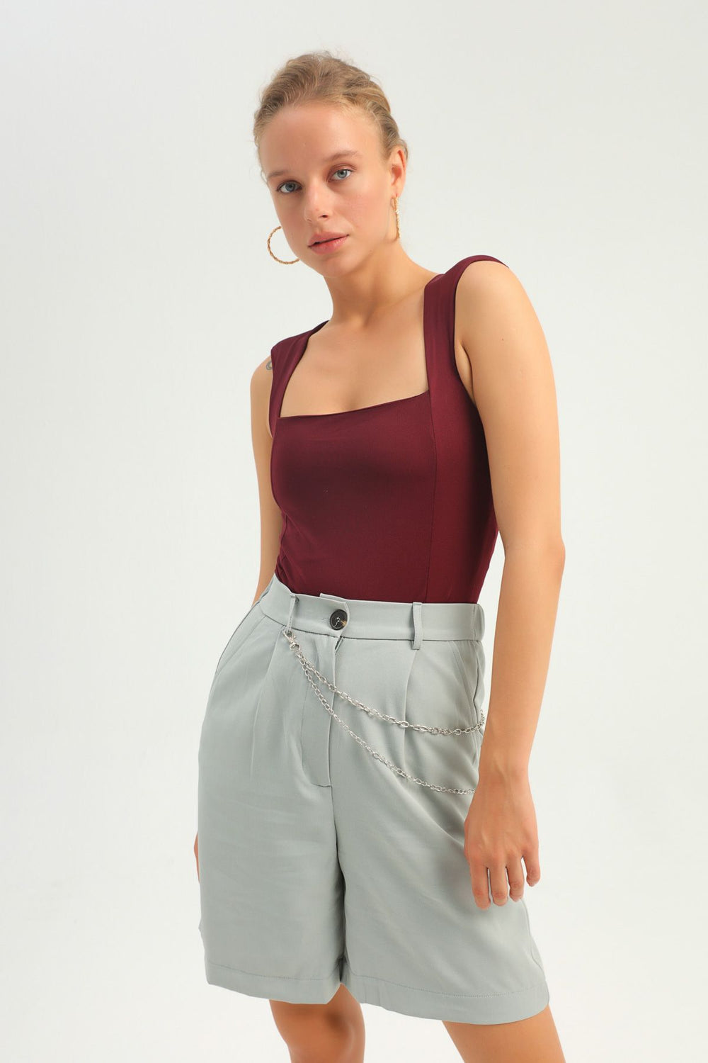 Waistcoat Square Neck Bodysuit Claret Red