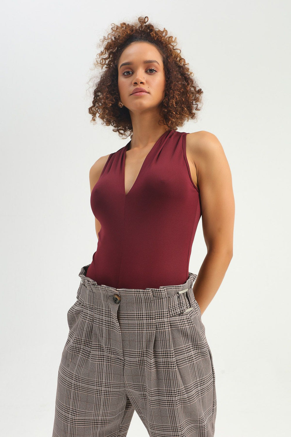 V Neck Bodysuit Claret Red
