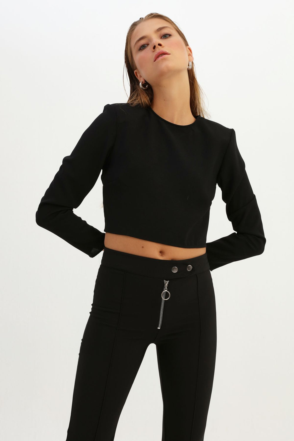 Waistband Crop Blouse Black