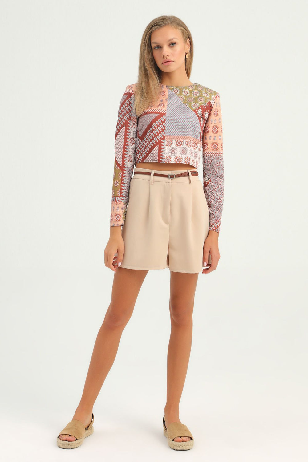 Patterned Waistband Crop Blouse Brown
