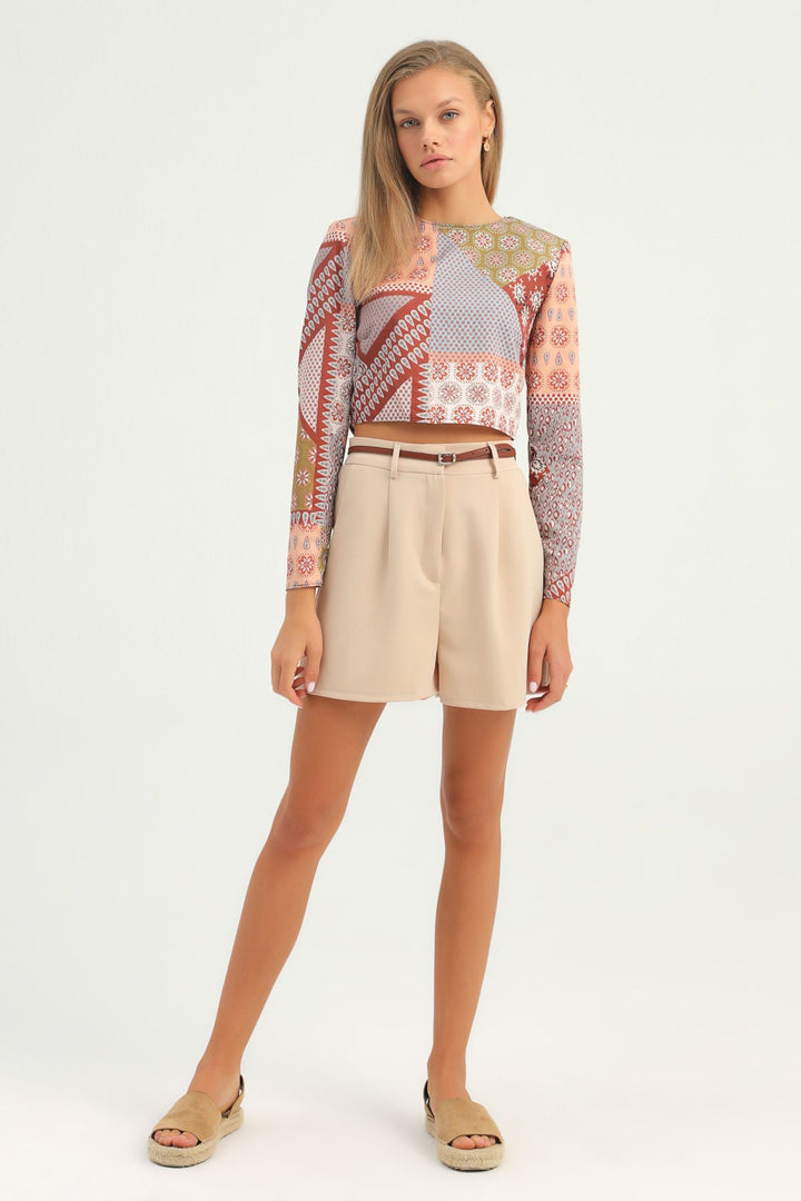Patterned Waistband Crop Blouse Brown
