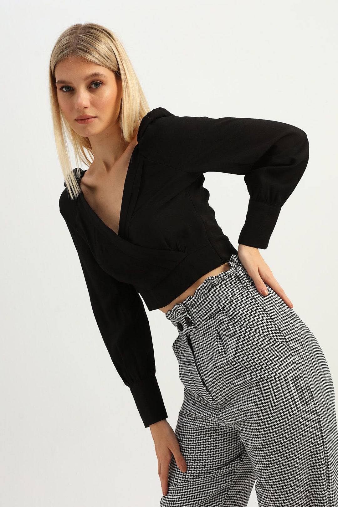 Balloon Sleeve Double Breasted Crop Blouse Black