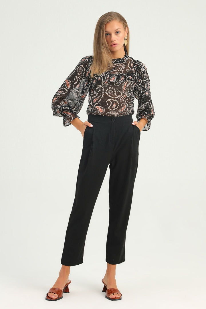 Patterned Frilled Tulle Blouse Black