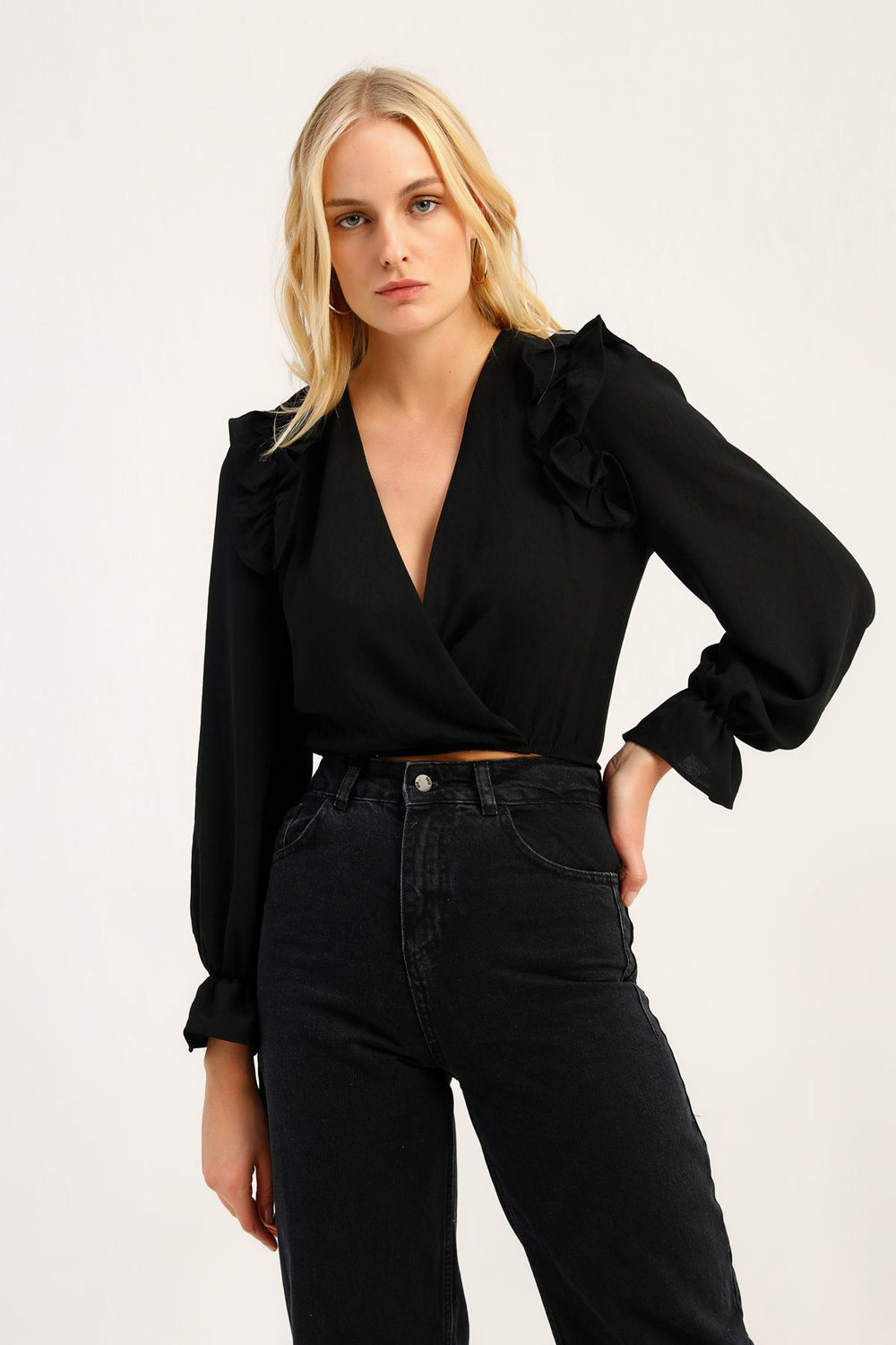 Double Breasted Ruffle Crop Blouse Black