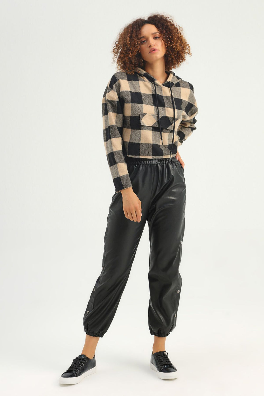 Plaid Hoodie Sweatshirt Beige