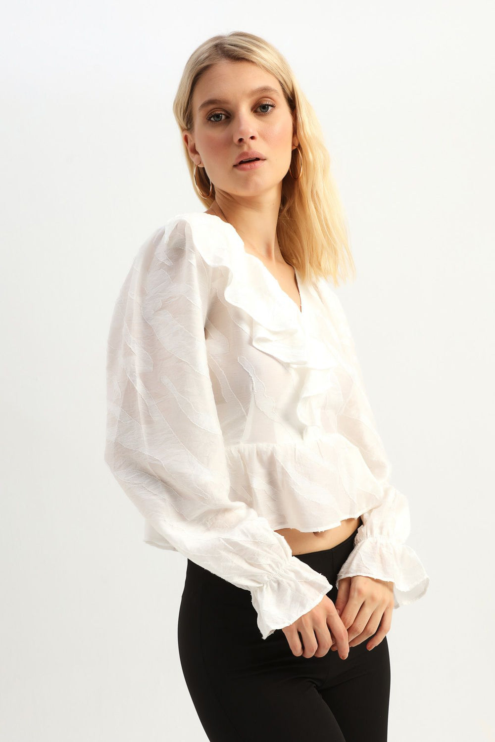Ruffle V Neck Blouse Ecru