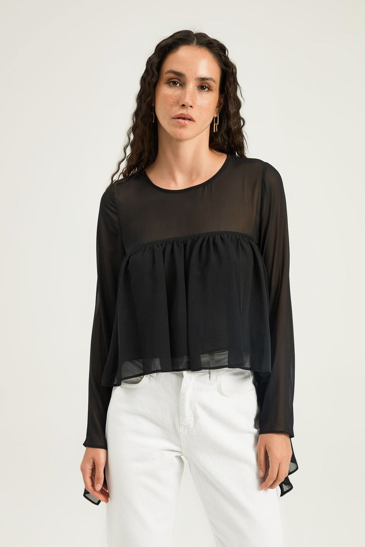 Fırfırlı Bisiklet Yaka Bluz Siyah