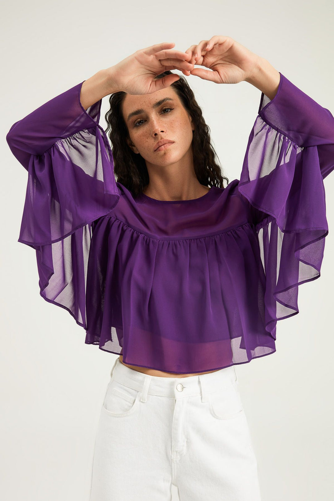 Fırfırlı Bisiklet Yaka Bluz Mor