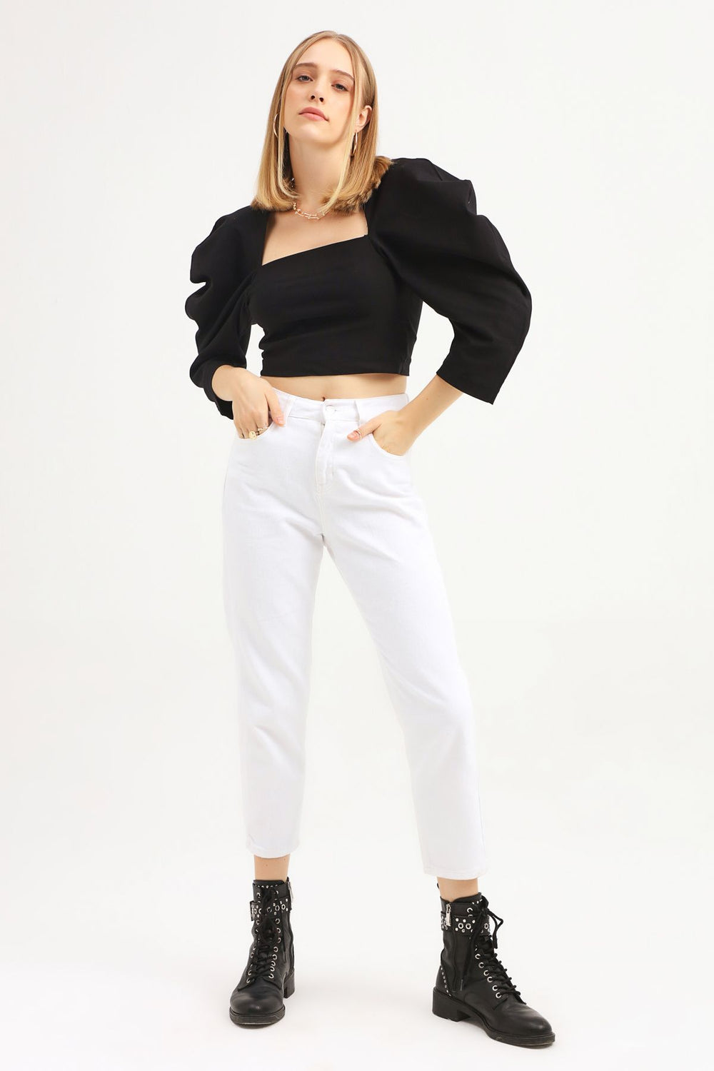 Balloon Sleeve Square Collar Crop Blouse Black
