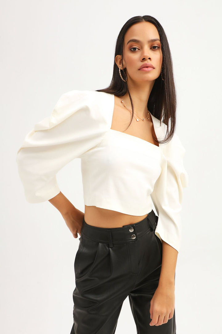 Balloon Sleeve Square Neck Crop Blouse Ecru