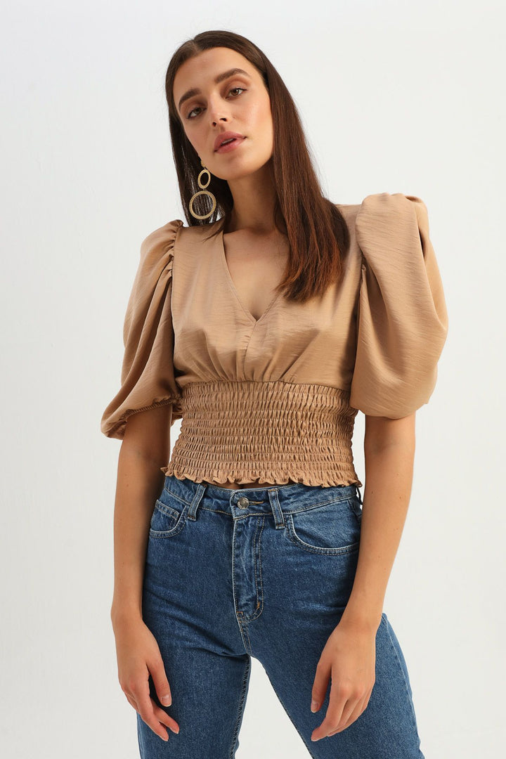 Balloon Sleeve Waistband Gipe Blouse Camel