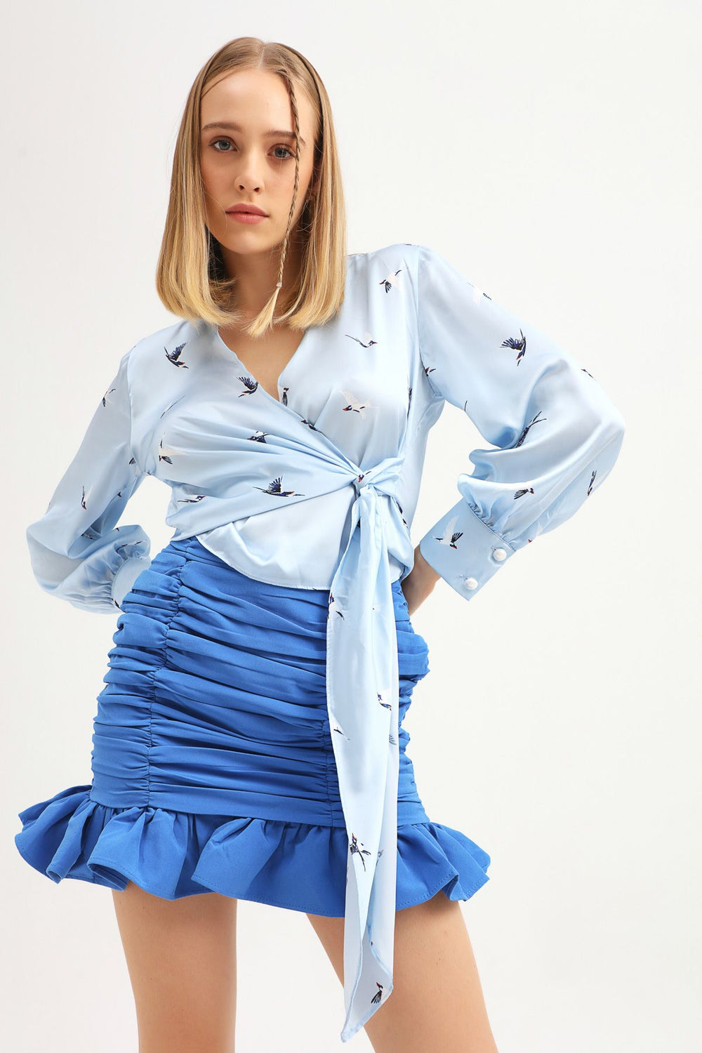 Patterned Double Breasted Blouse Baby Blue