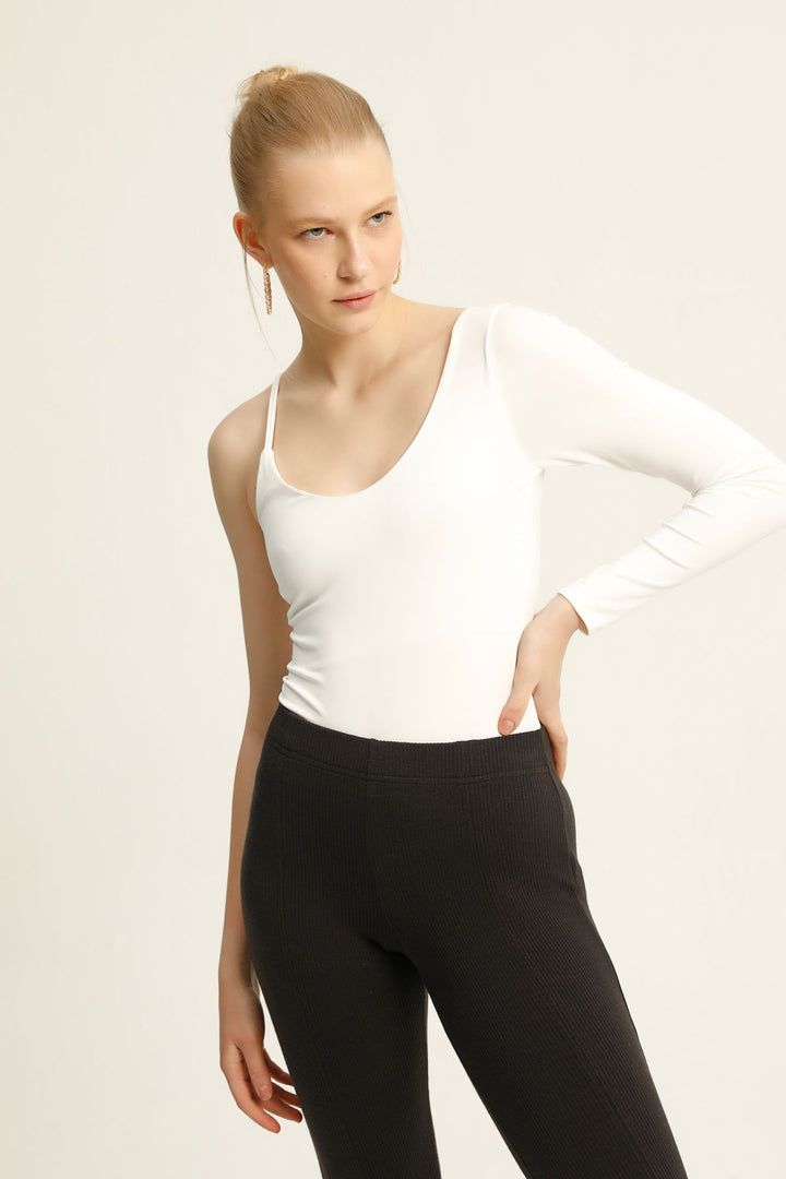 Asimetrik Kol Bodysuit Ekru