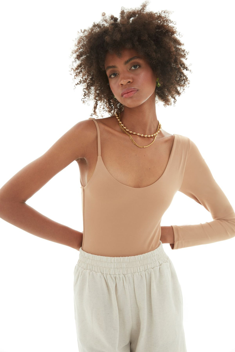 Asymmetrical Sleeve Bodysuit Camel