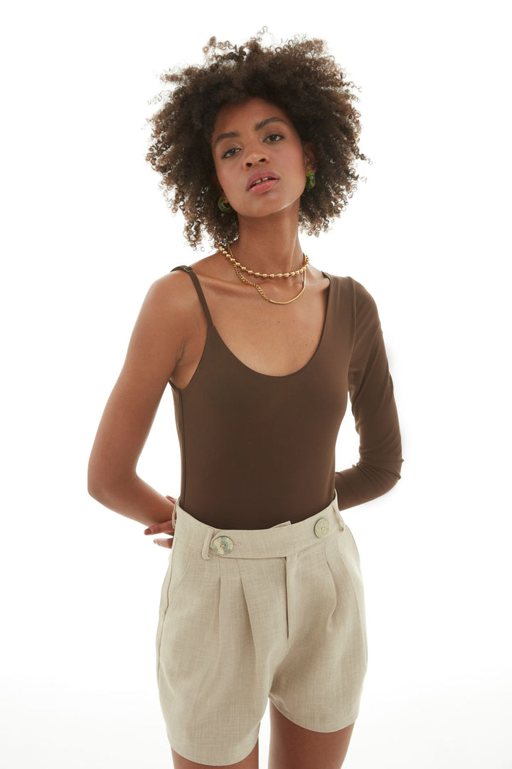 Asymmetric Sleeve Bodysuit Dark Brown