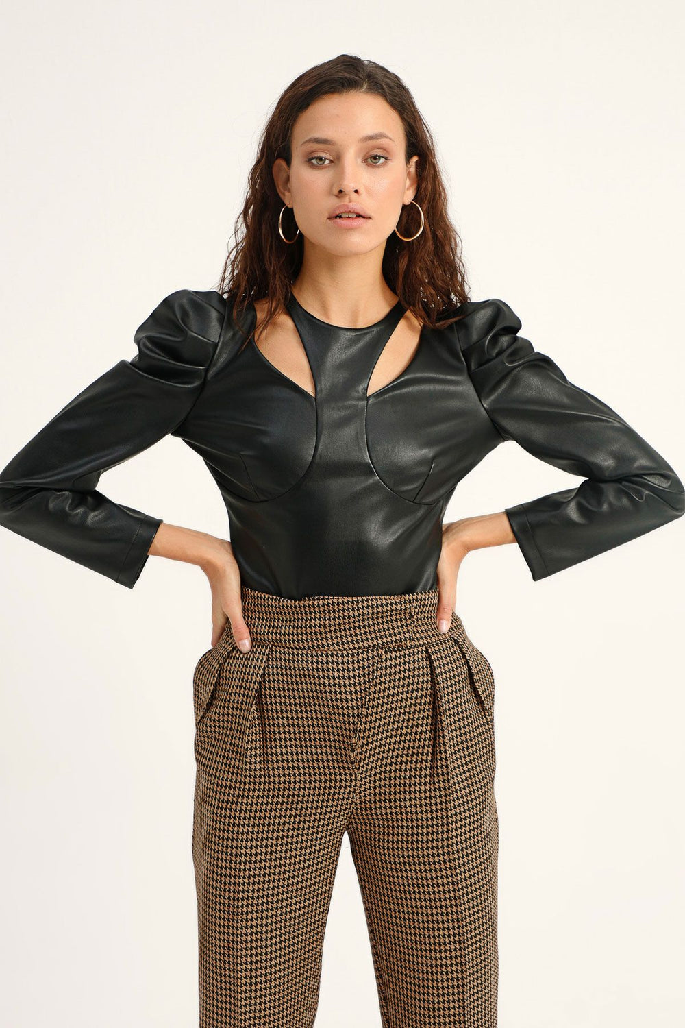 Asymmetric Balloon Sleeve Leather Bodysuit Black