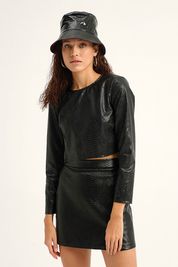 Padded Crop Leather Blouse Black