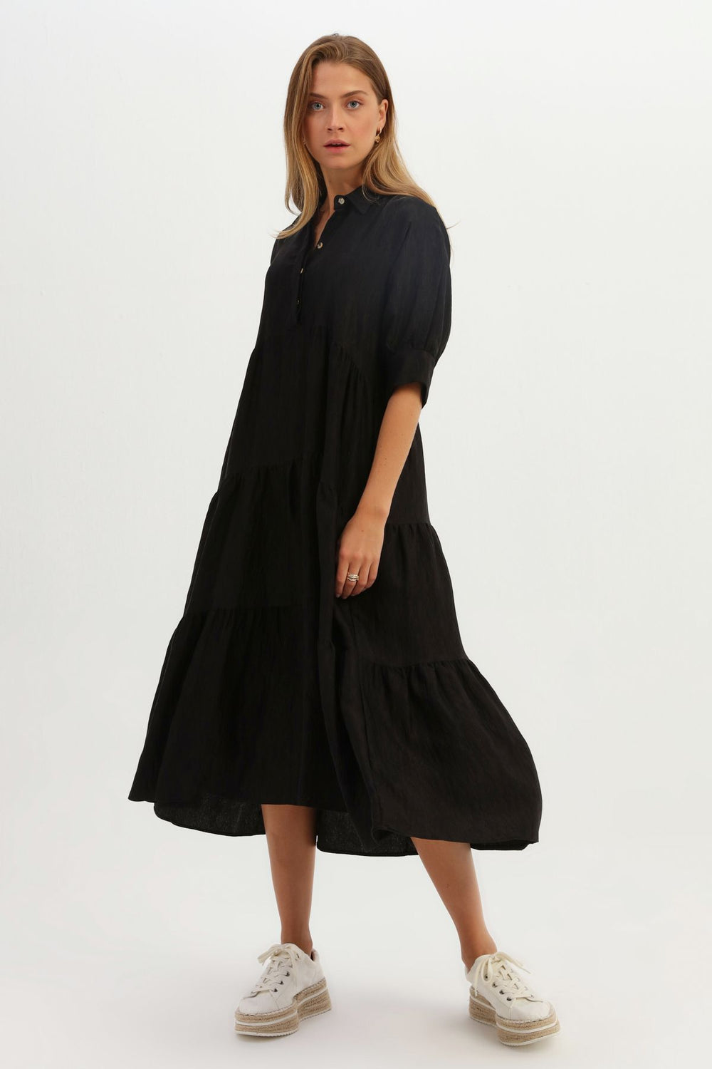 Shirt Collar Raglan Sleeve Dress Black