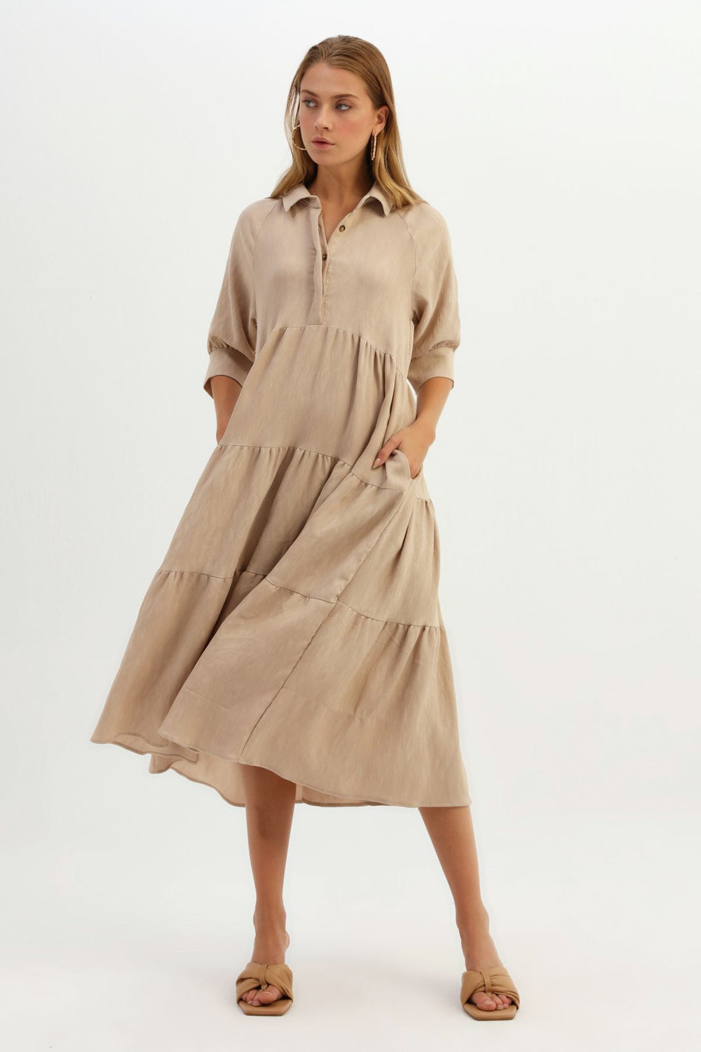 Shirt Collar Raglan Sleeve Dress Beige