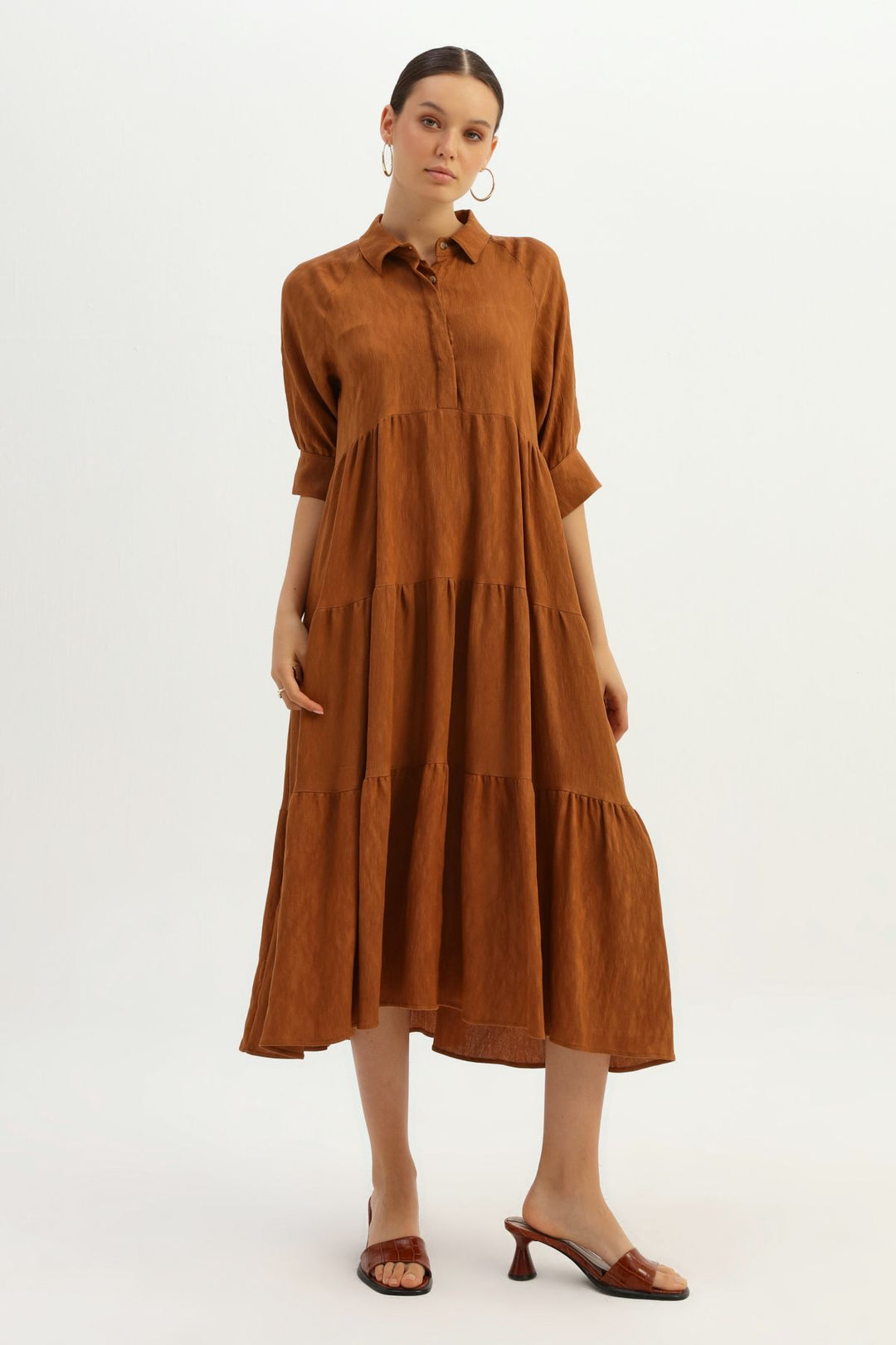 Shirt Collar Raglan Sleeve Dress Brown