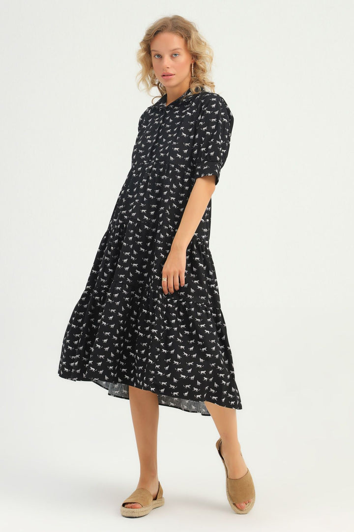 Patterned Shirt Collar Dress Black