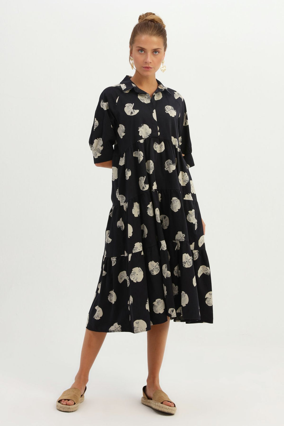 Patterned Shirt Collar Pocketed Dress Black