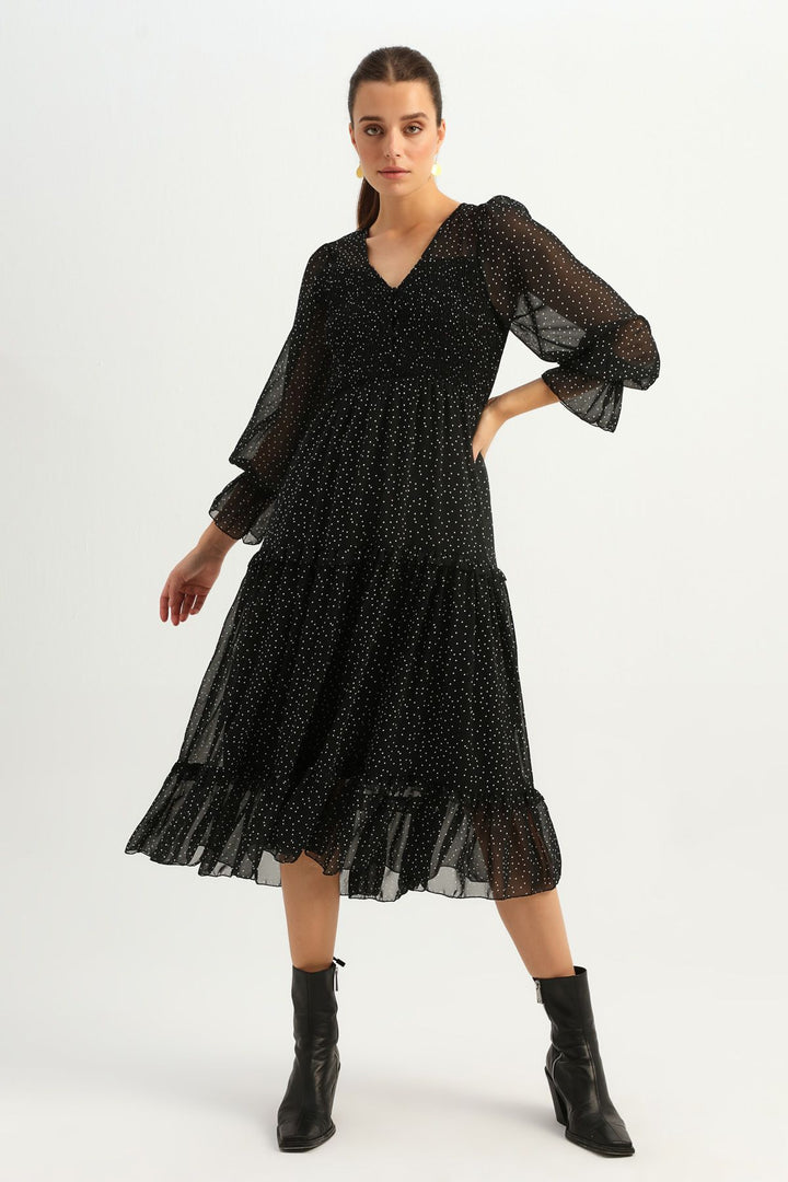 Polka Dot V Neck Gipele Dress Black