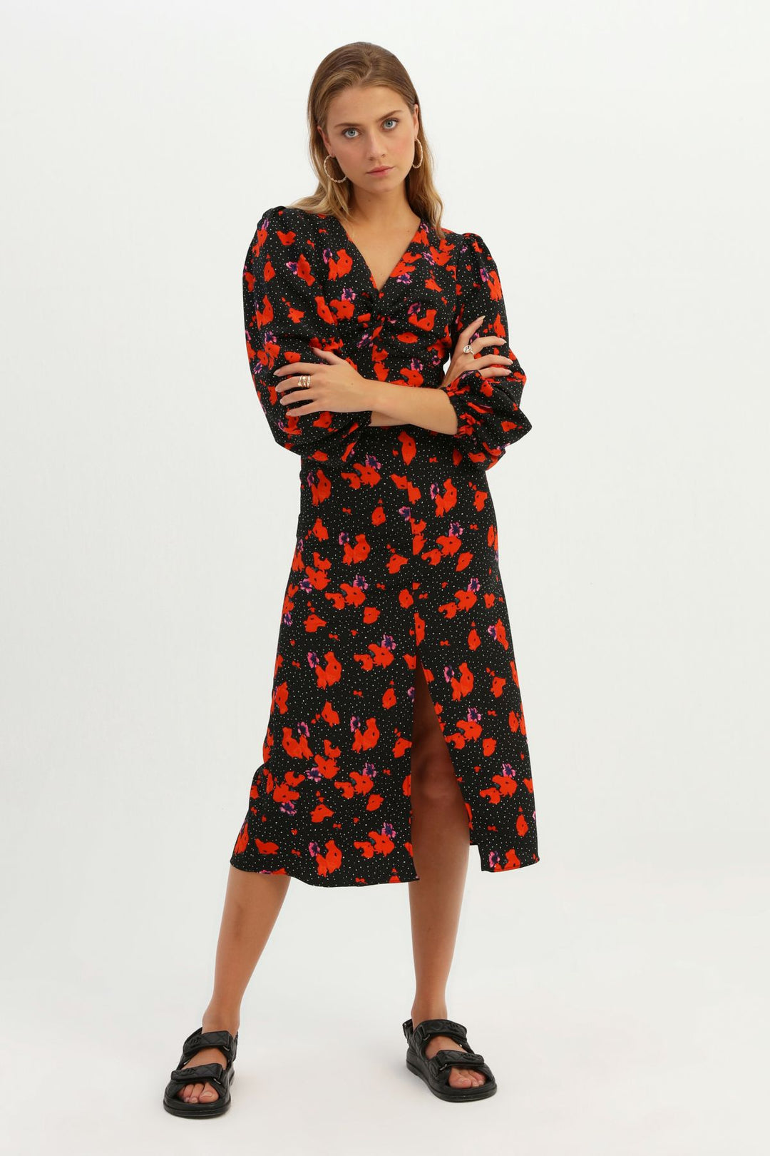 Patterned Low Back Slit Dress Red