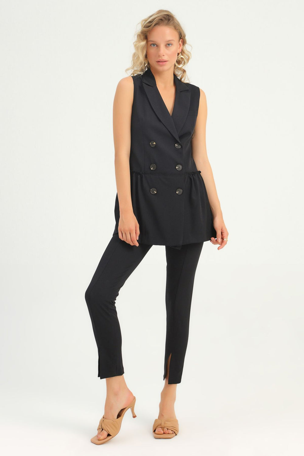 Double Breasted Sleeveless Jacket Dress Black