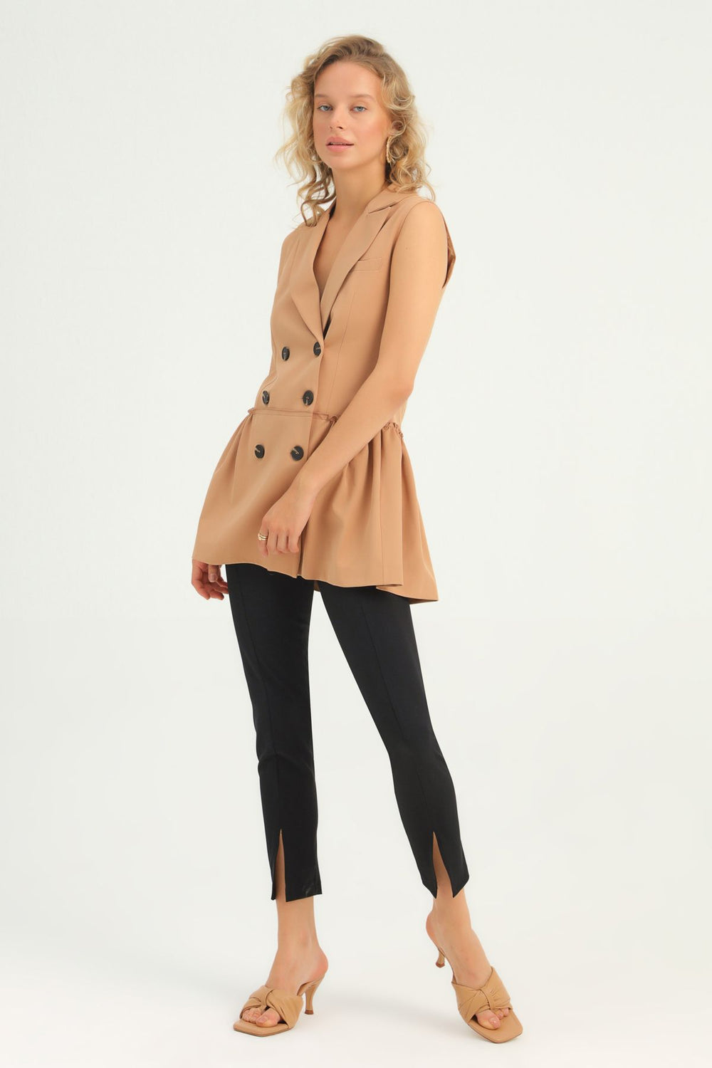 Double Breasted Sleeveless Jacket Dress Camel