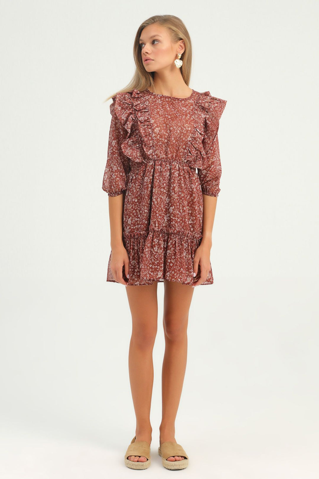 Patterned Ruffle Midi Dress Brown