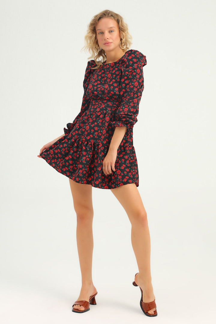 Floral Patterned Gipe Balloon Sleeve Dress Black