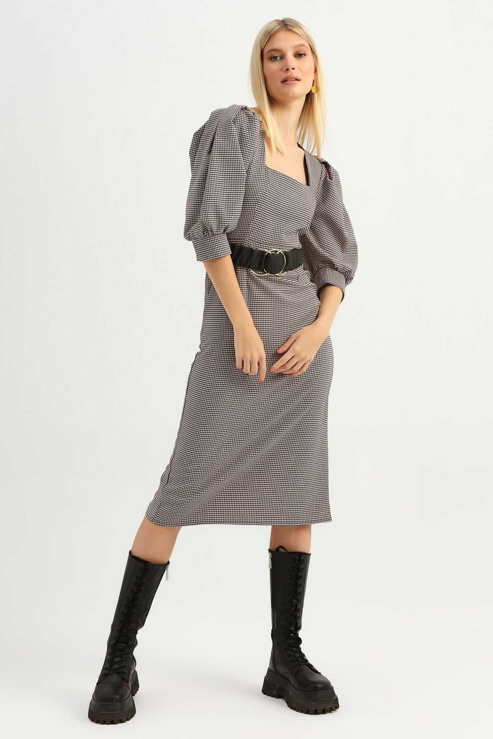 Striped Belt Balloon Sleeve Dress Powder