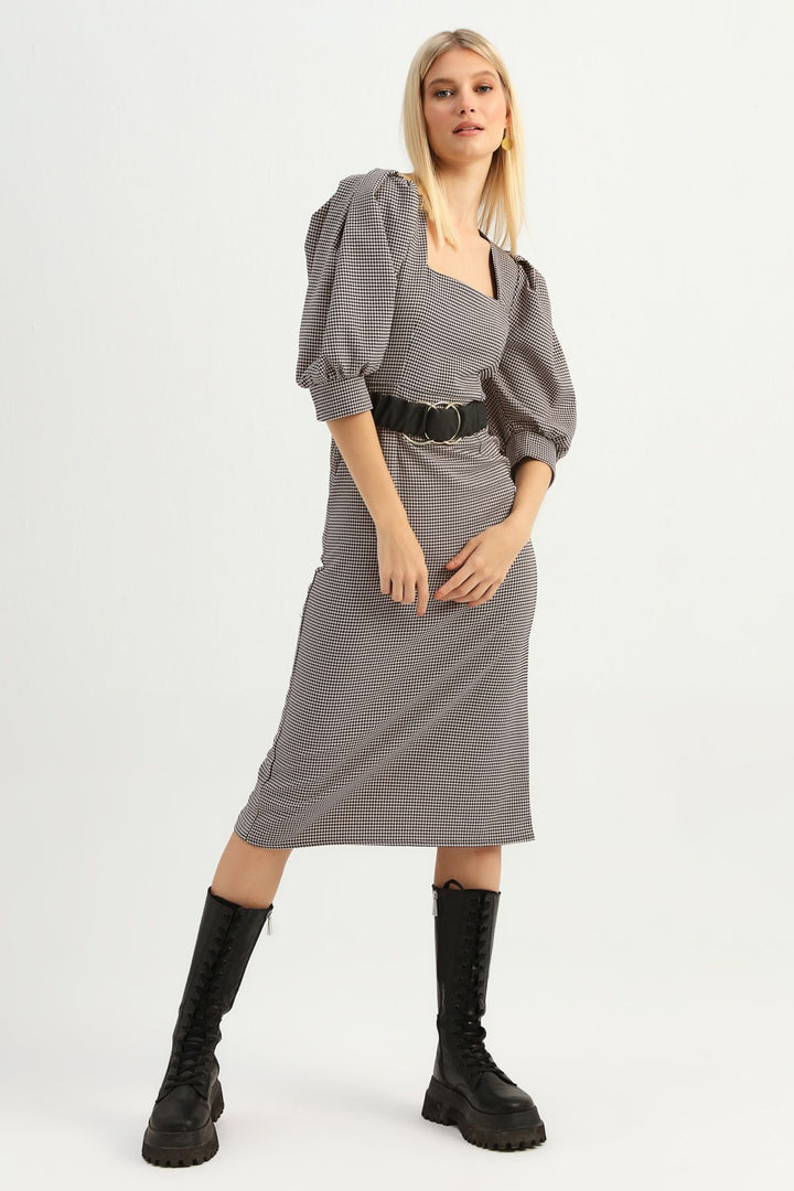 Striped Belt Balloon Sleeve Dress Powder