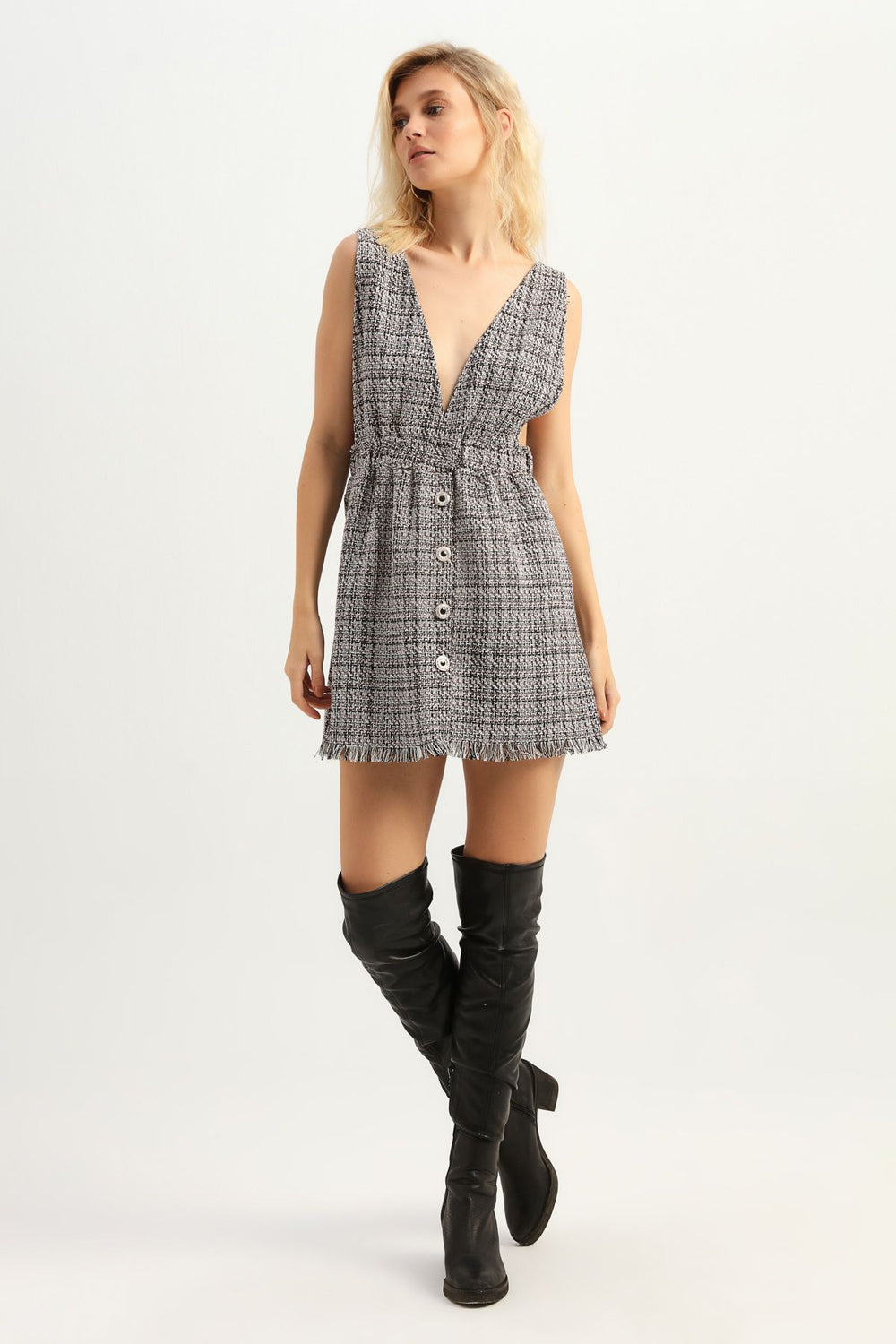 V-Neck Buttoned Tweed Dress Powder