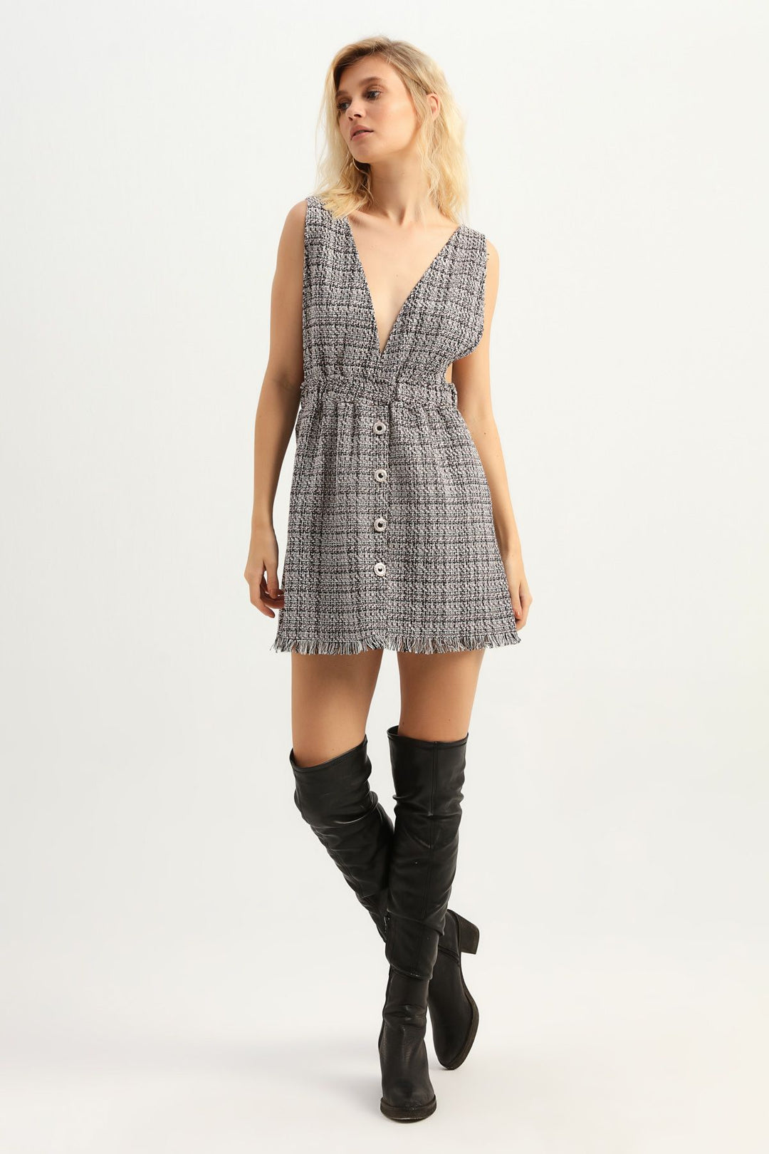 V-Neck Buttoned Tweed Dress Powder