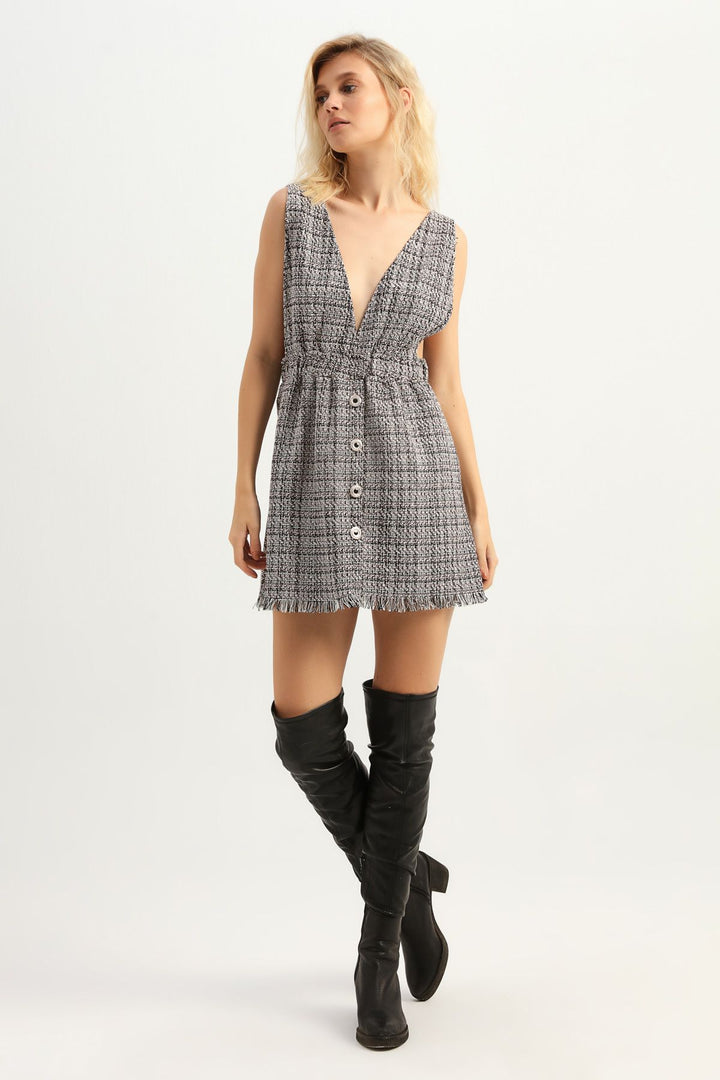 V-Neck Buttoned Tweed Dress Powder