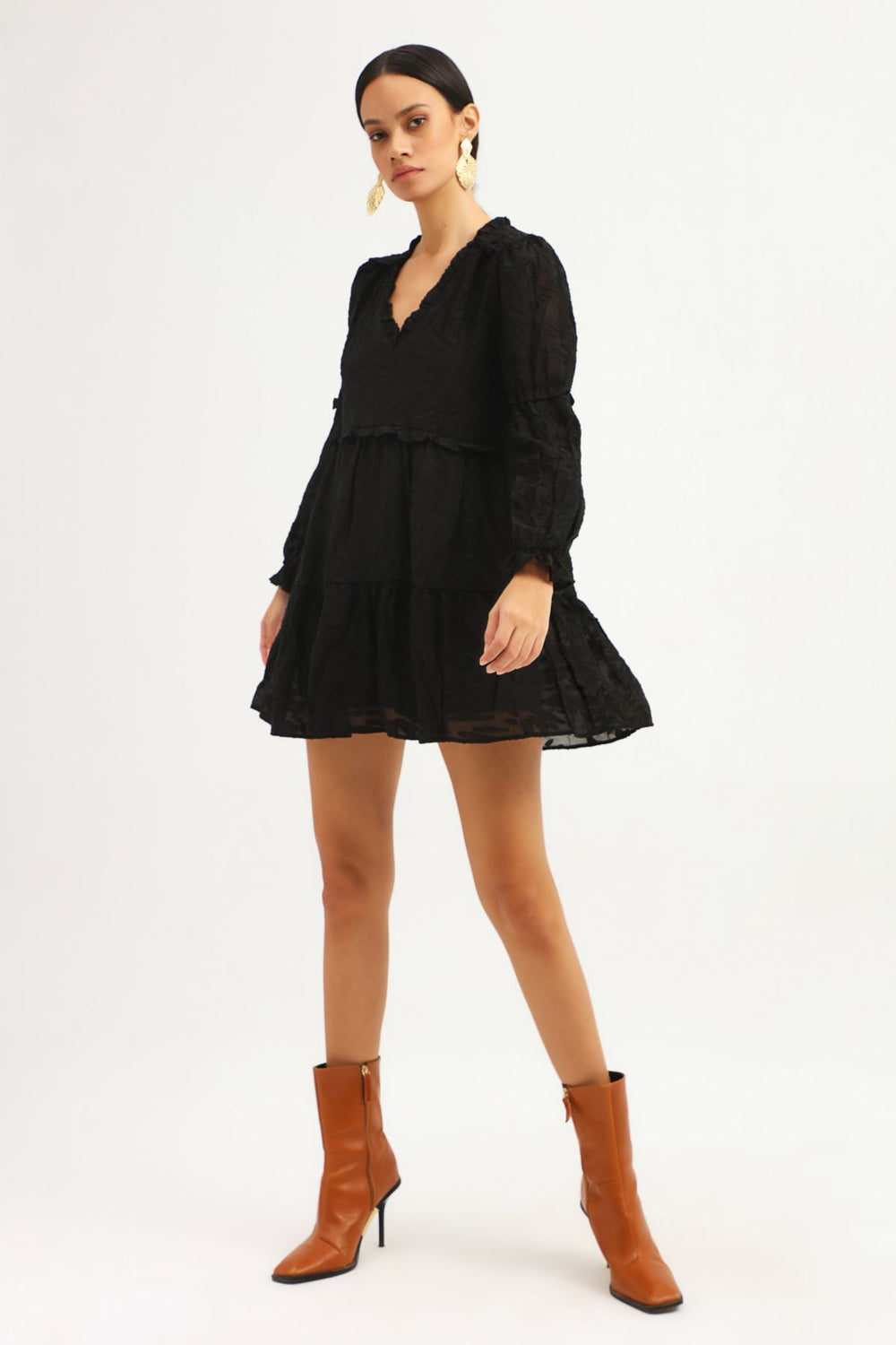 V Neck Frilly Dress Black