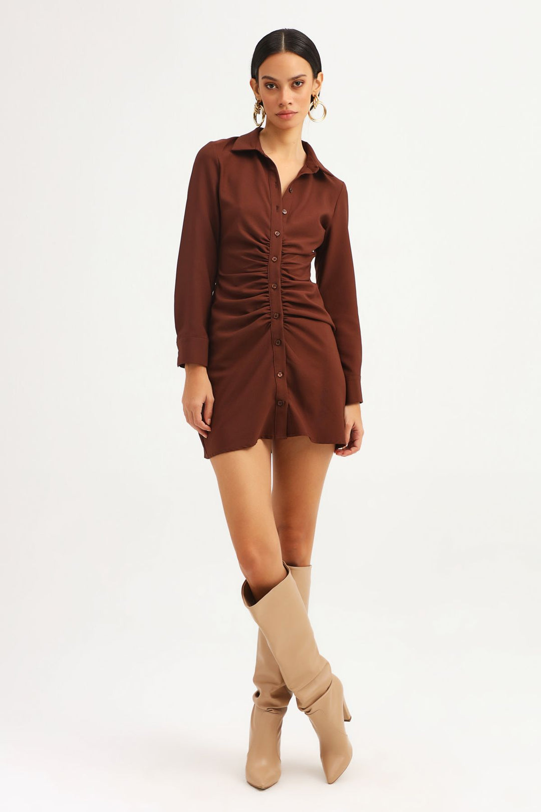 Shirred Detailed Buttoned Dress Dark Brown