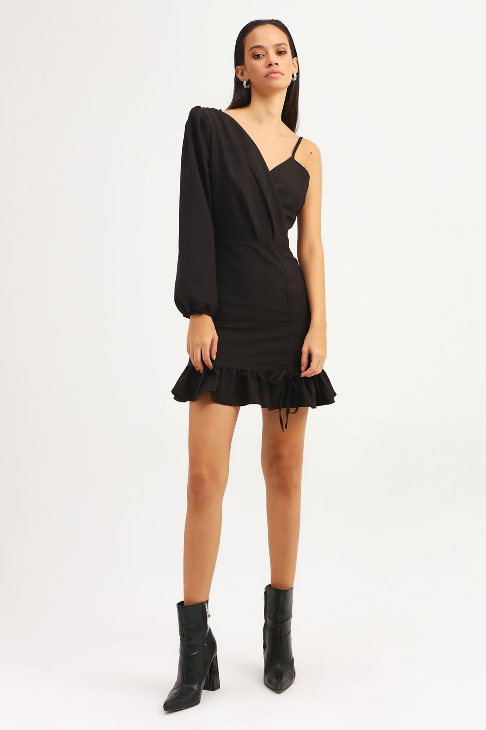 Pleated Asymmetrical Sleeve Dress Black