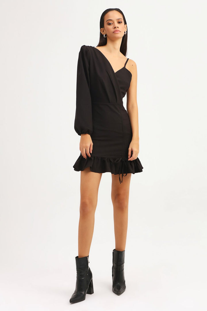 Pleated Asymmetrical Sleeve Dress Black