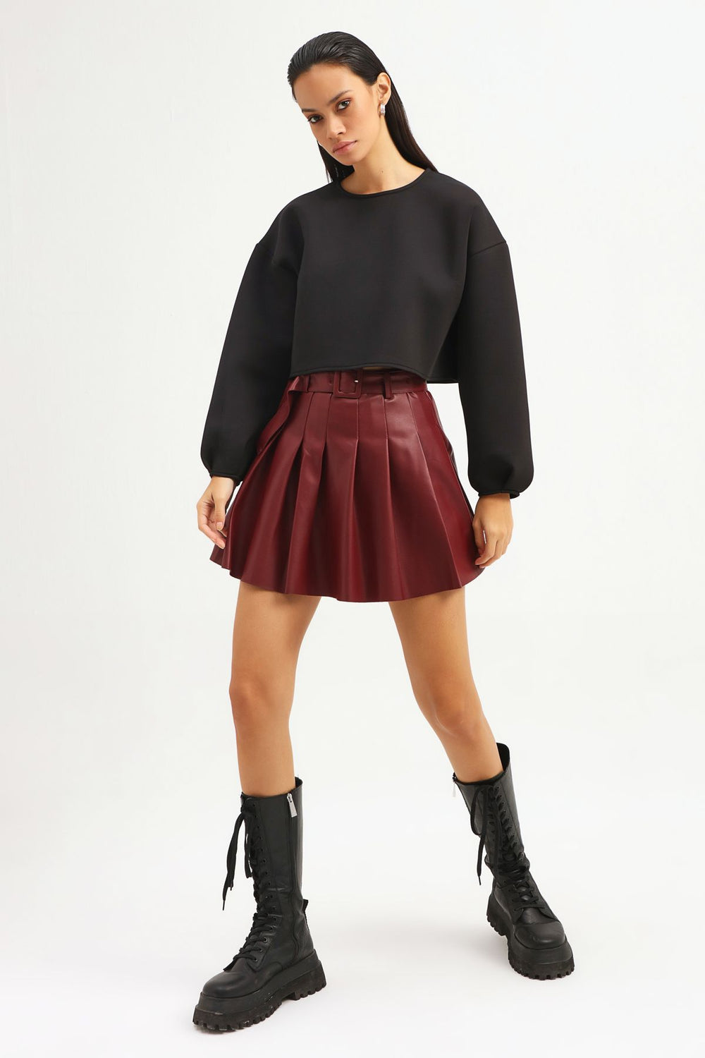 Pleated Belt Mini Leather Skirt Claret Red